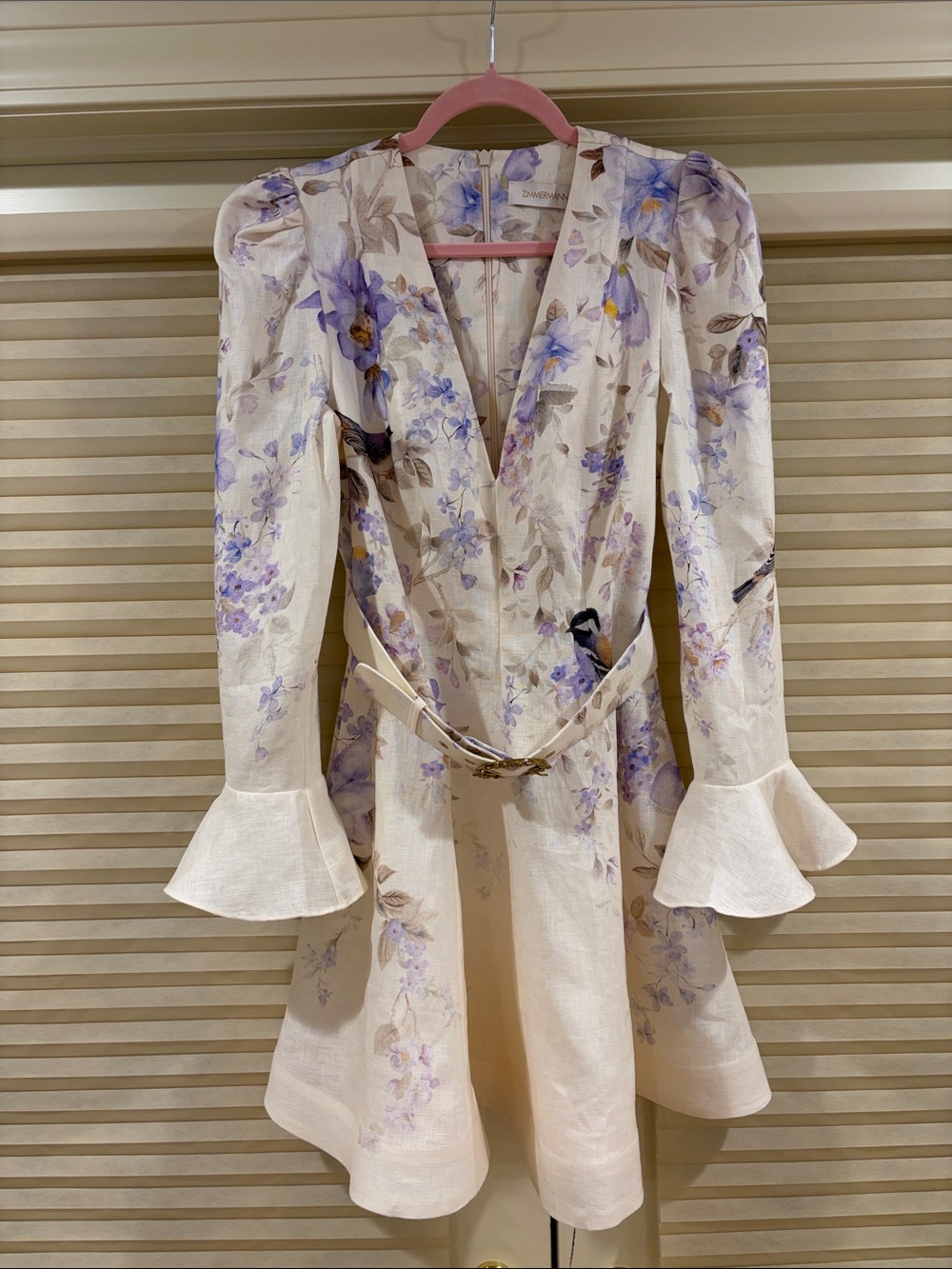 NWOT Zimmermann Cream Linen Dress with Lavender Floral Print, Size AU 1